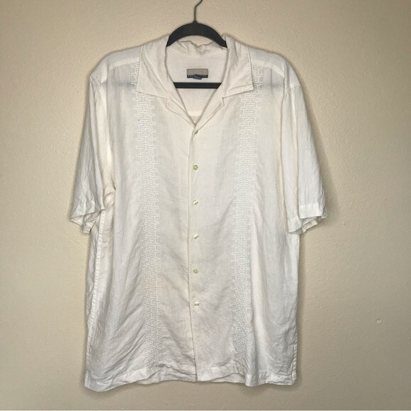 Breakwater Embroidered Linen Short Sleeve Button Front White Shirt Mens Medium - Picture 14 of 14